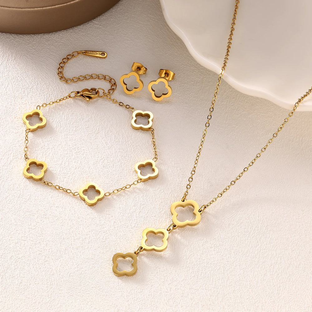 New Stainless Steel Hollow Clover Flower Necklace Bracelet Earnail Set for Women's Versatile Gift Accessories