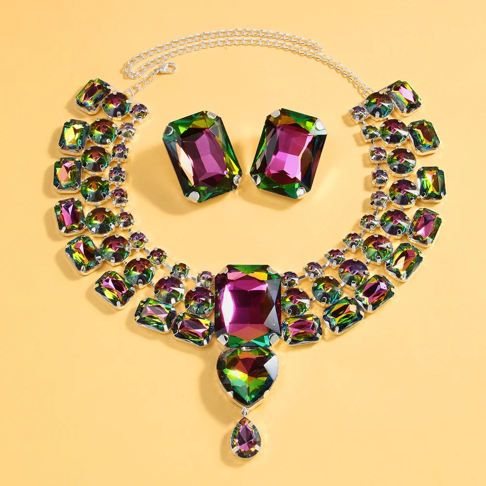 Colorful Exaggerate Necklace Earrings Set Chunky Accessories Geometric Rhinestone Nigerian Jewelry Set Wedding Gift