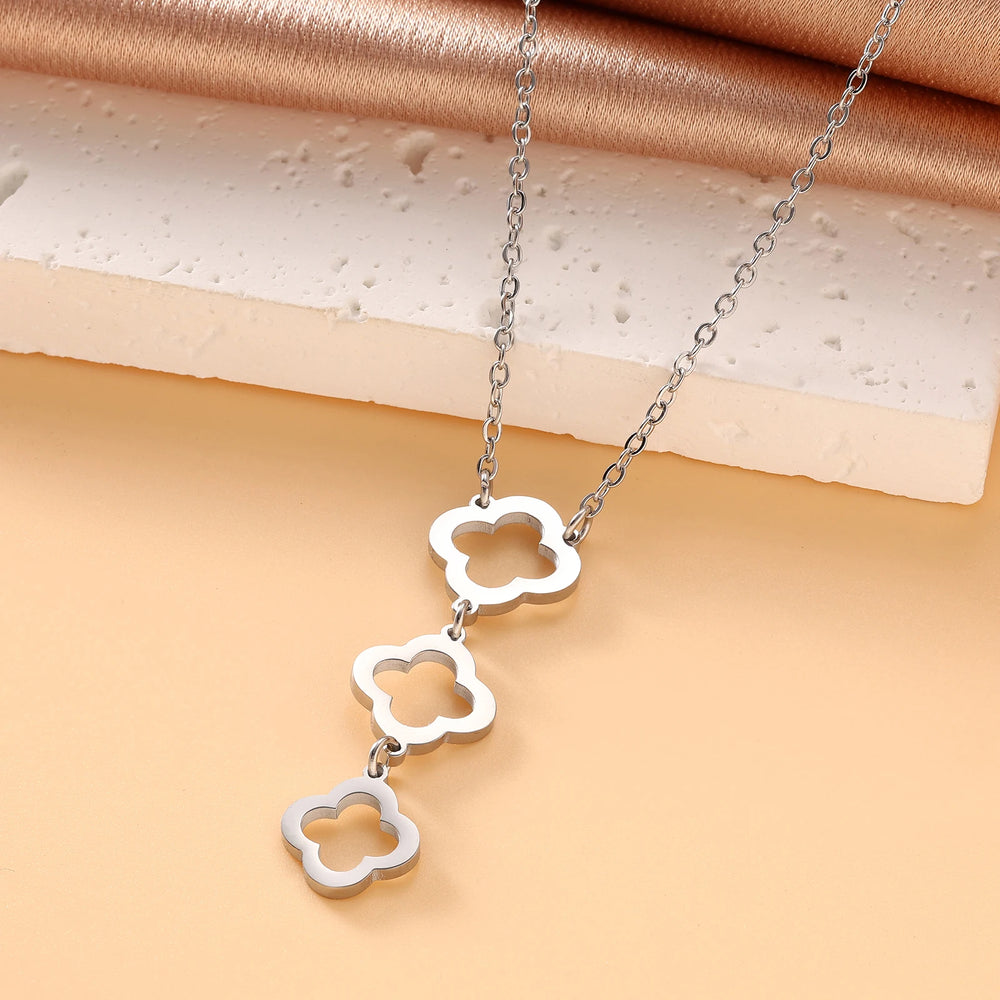 New Stainless Steel Hollow Clover Flower Necklace Bracelet Earnail Set for Women's Versatile Gift Accessories