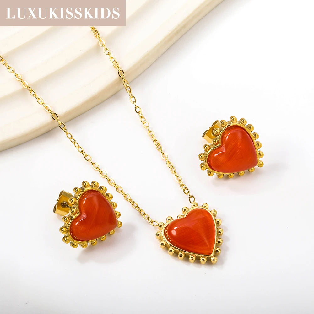 Korean Large Heart Jewelry Set Opal Red/Black Stone Love Pendant Necklace Earrings Steel Jewellery Valentine Gifts