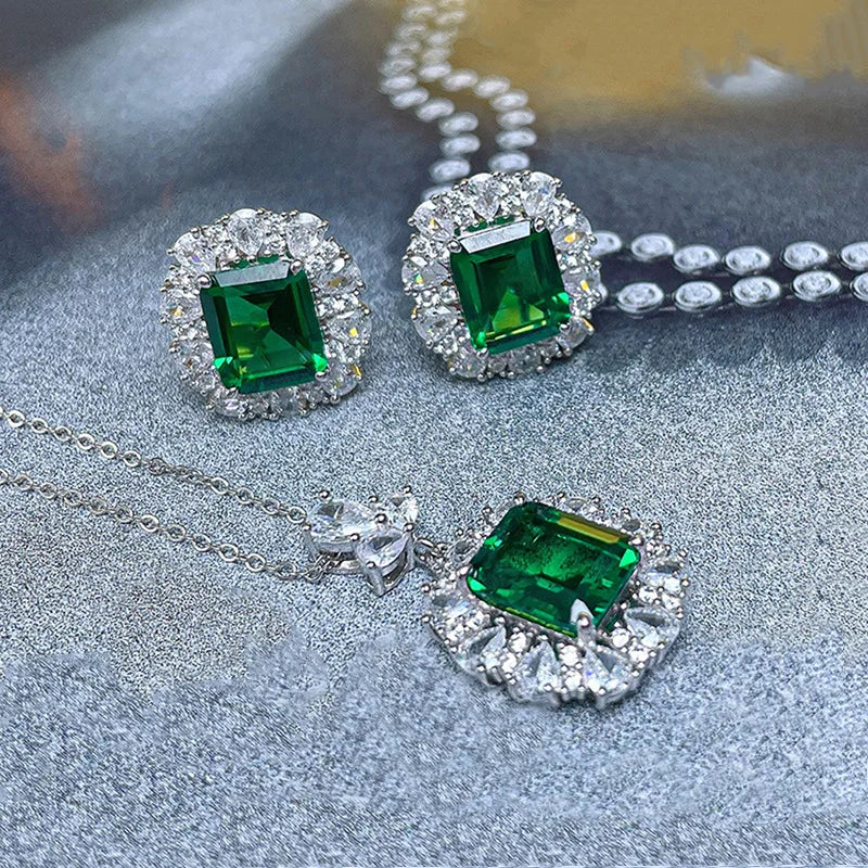 2025 New Luxury European and American French Palace Style Emerald Geometric Square Zircon 3-piece Set Necklace  Ring