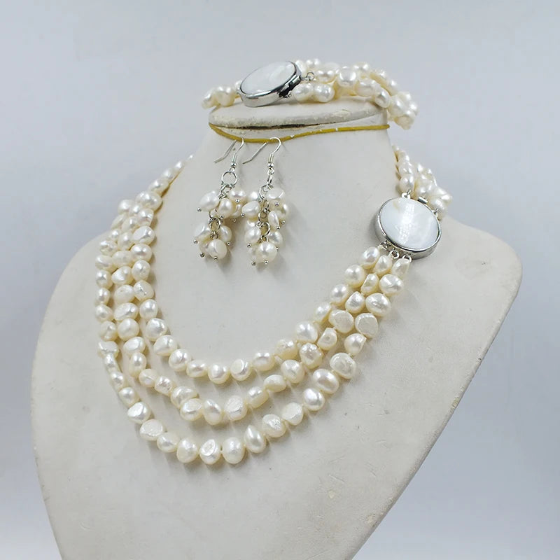 Natural White 9mm Baroque pearl necklace/earrings/bracelet set. Fashion Classic Women's Wedding Jewelry