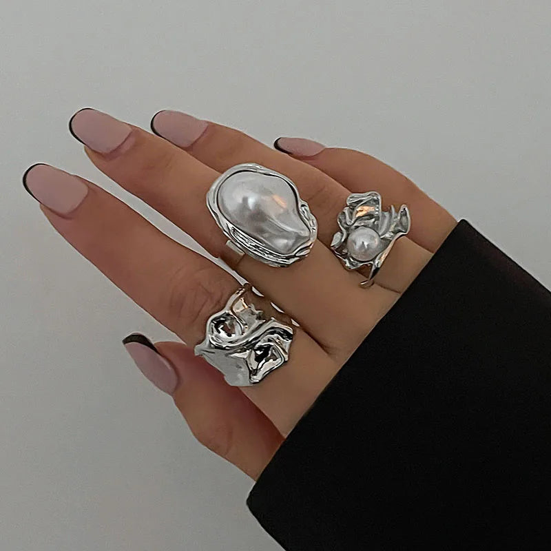 New 3Pcs/set Gold Color Irregular Pearl Open Rings Set for Women Exaggerated Vintage Metal Folds Thick Chunky Ring Jewelry Gifts