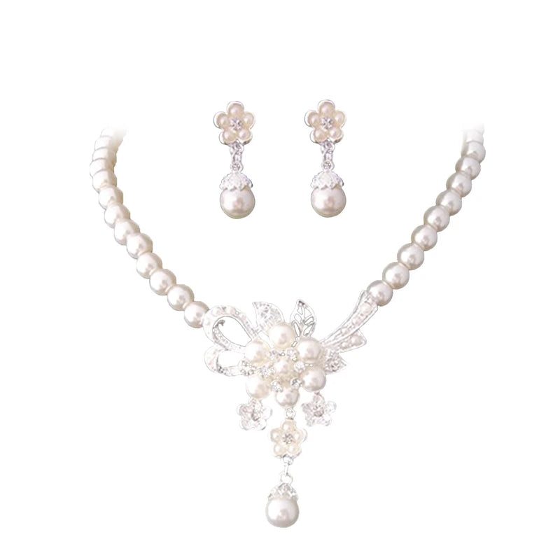 Women Bridal Elegant Wedding Party White Pearl Flower Rhinestone Angle Necklace Earrings Necklace Jewelry Set Banquet Gift