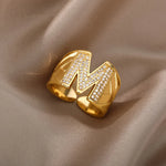 Chunky Wide Zircon Initial Letter Rings For Women Stainless Steel Opening Finger Ring Hip Hop Minimalist Jewelry Gift Femme
