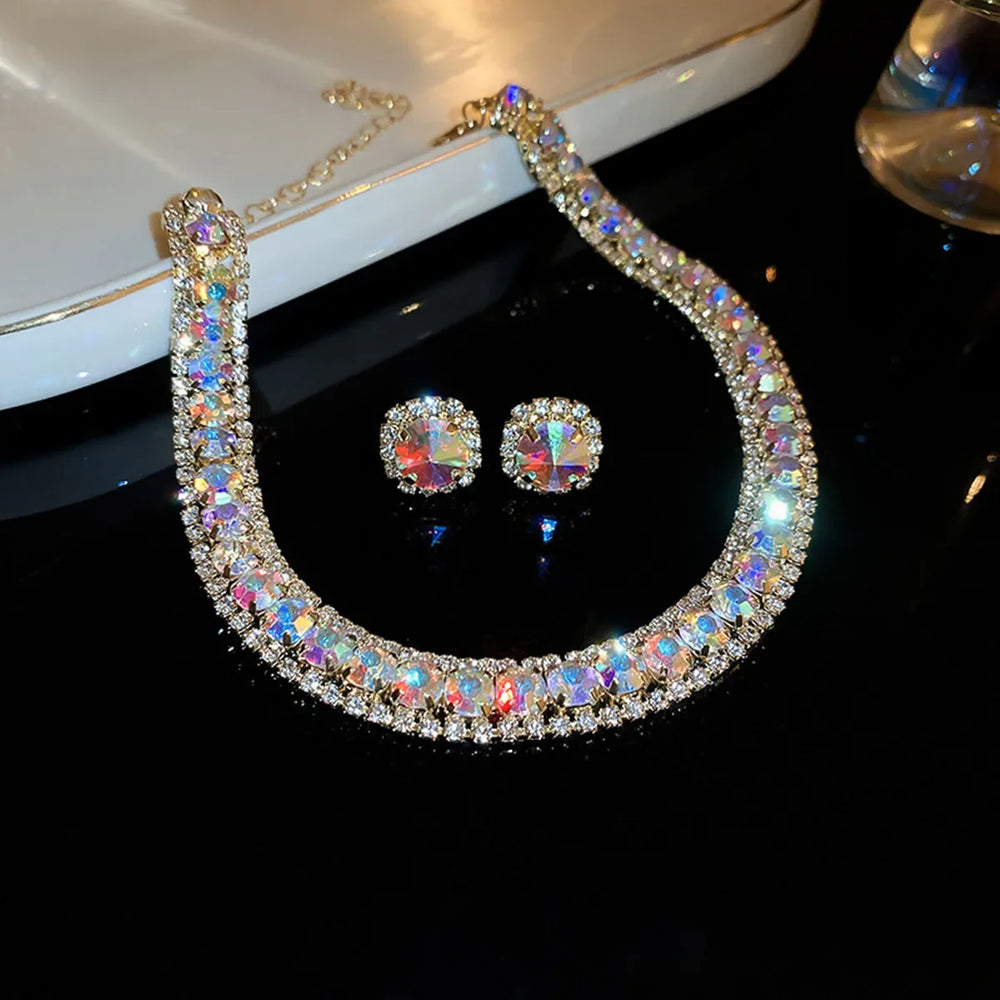 Luxury Crystal Necklace Earrings Set Champagne Green Blue Black Necklace for Women Weddings Party Jewelry Sets Accessories