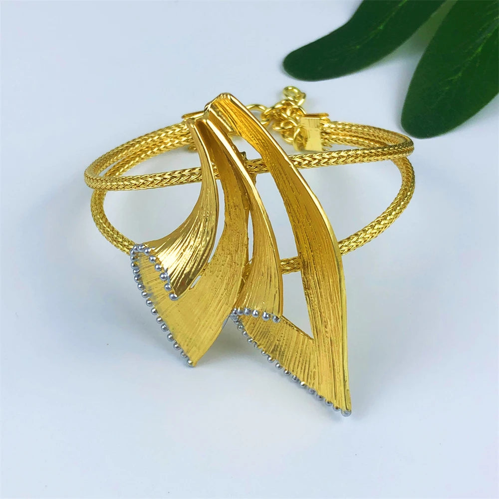 Italy 18K Gold Plated Jewelry Set For Women Two Tone Design Open Bangle Earrings Necklace Ring 4Pcs Set Jewelry Wedding Party