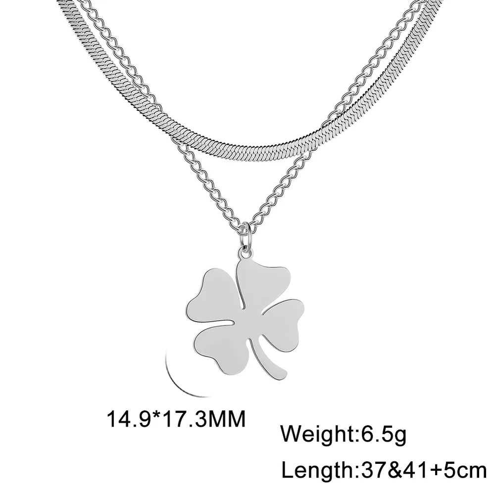 2025 Lucky Clover Pendant Necklace Stainless Steel Gold Color Double Layer Chain Necklaces for Women Girls Jewelry Gift