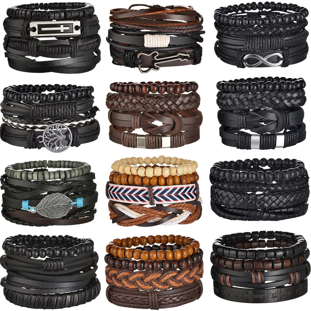 3/4Pcs/ Set Braided Wrap Leather Bracelet for Men Vintage Life Tree Guitar Wood Beads Fashion Male Bracelets Wristband