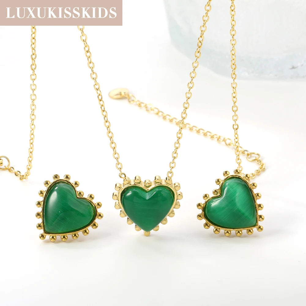 Korean Large Heart Jewelry Set Opal Red/Black Stone Love Pendant Necklace Earrings Steel Jewellery Valentine Gifts