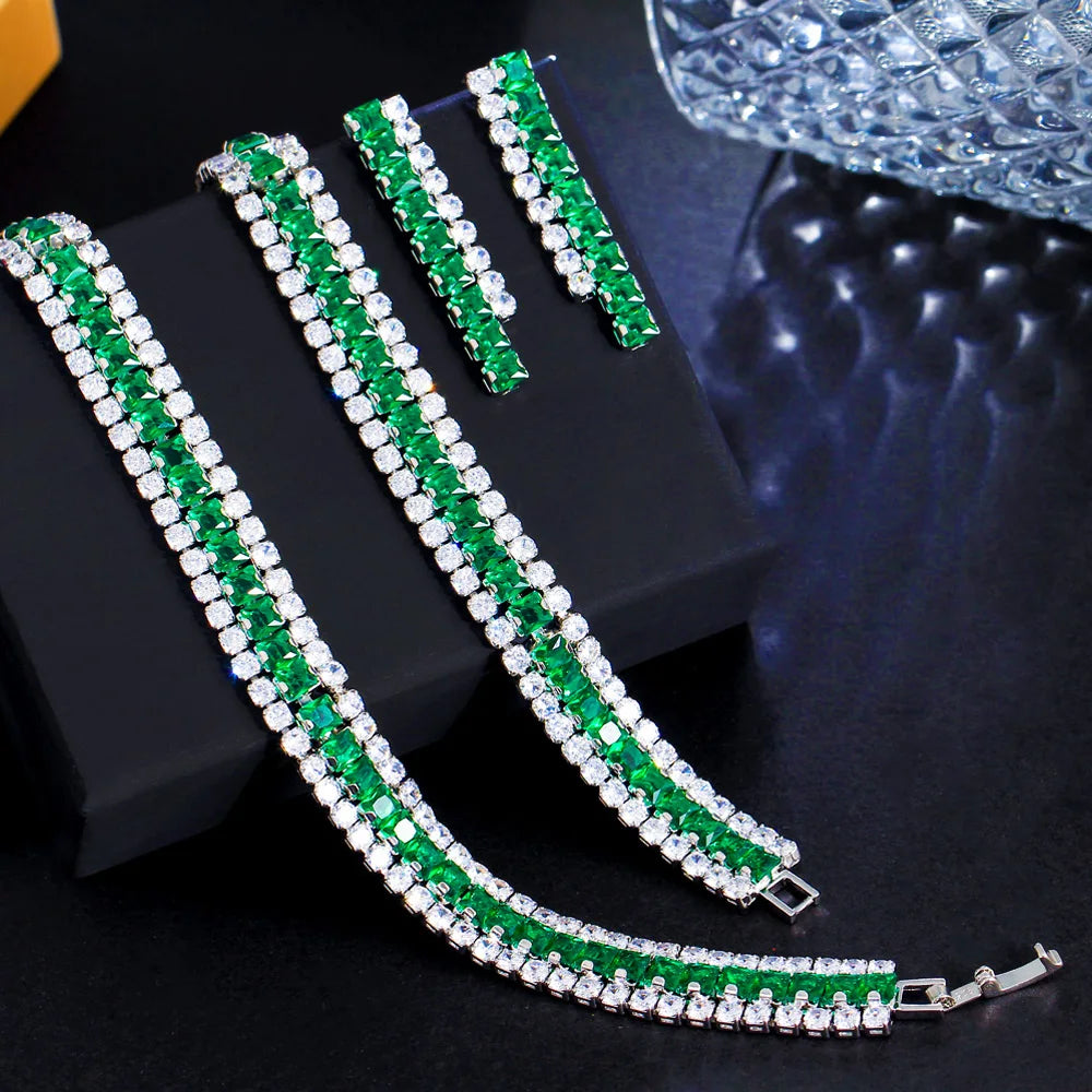 J187 presents a stunning jewelry set for Nigerian women, perfect for bridal weddings. This set features an elegant, shiny green and white baguette CZ silver color necklace and earrings. With its unique design and high-quality craftsmanship, this jewelry set is sure to make a statement on any special occasion.