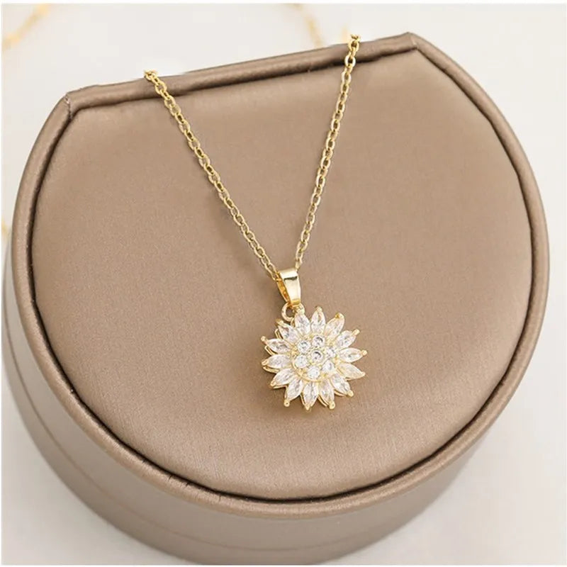 Stainless Steel Rotating Sunflower Pendant Necklace for Women Jewelry Luxury Fashion Zirconia Choker Necklaces