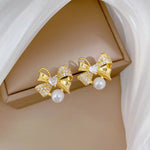 Classic Stainless Steel Gorgeous Pearl Bow Necklace Earrings Fashionable and Exquisite Temperament Evening Accessories