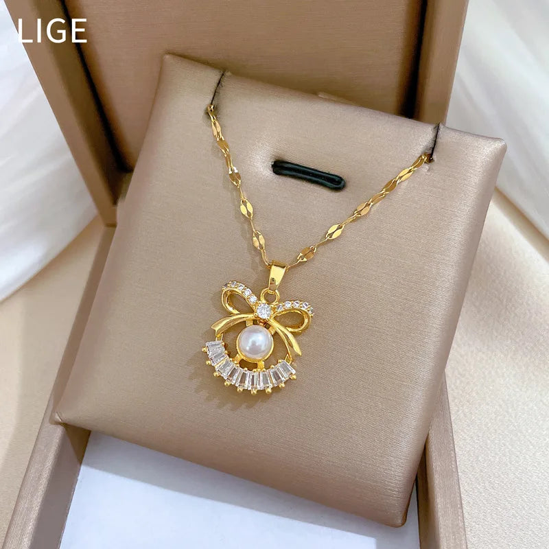 Classic Cute Hollow Bow Stainless Steel Necklace Earrings Set Fashionable Charm Pearl Versatile Gorgeous Accessories