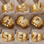 Chunky Wide Zircon Initial Letter Rings For Women Stainless Steel Opening Finger Ring Hip Hop Minimalist Jewelry Gift Femme