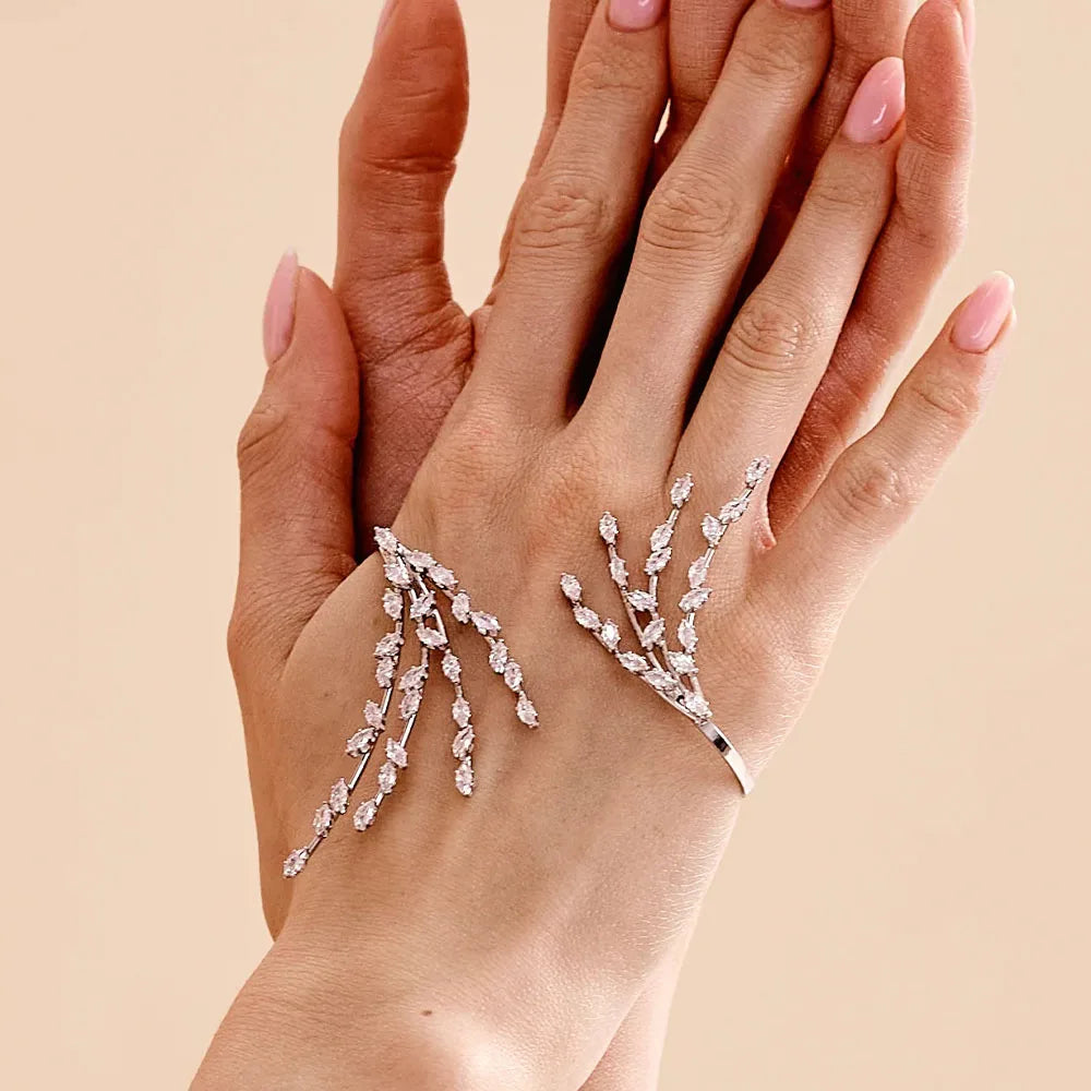 Shiny Crystal Open Bangle Bracelet Hand Jewelry for Women Bridal Leaf Branch Bracelet Palm Jewelry Wedding Accessories