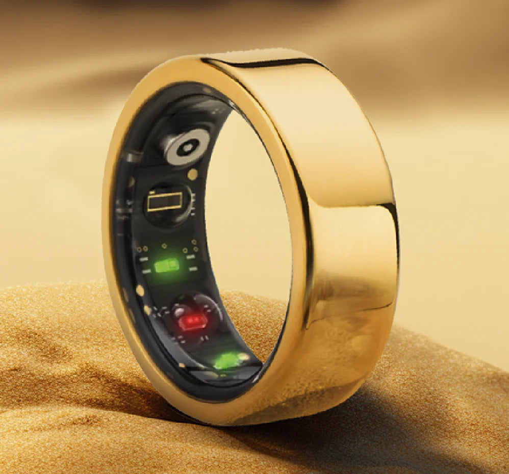 The smart ring is a Bluetooth-enabled fitness tracker that monitors heart rate, blood oxygen levels, and sleep patterns, providing comprehensive health monitoring in a compact and convenient design.