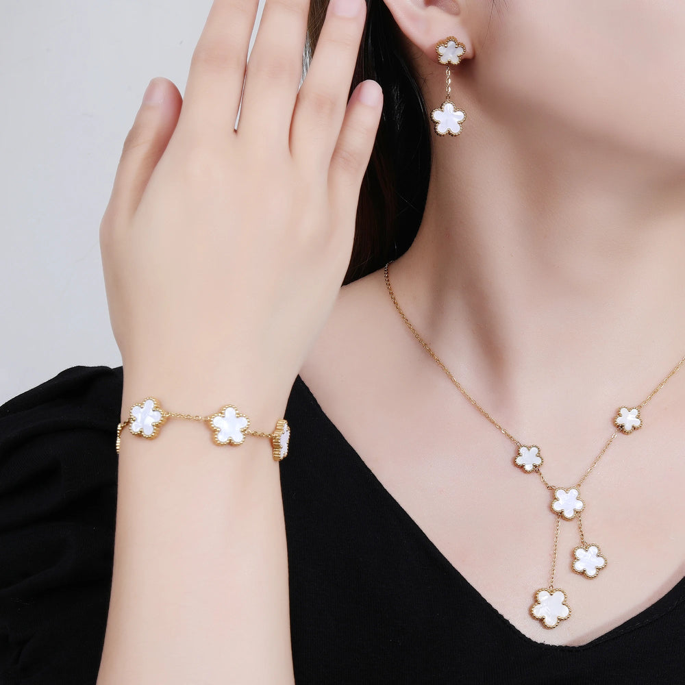 Hot Selling Plum Blossom Plant Five Leaf Flower Jewelry Set Bracelet Necklace Earrings Women Stainless Steel High Quality Clover