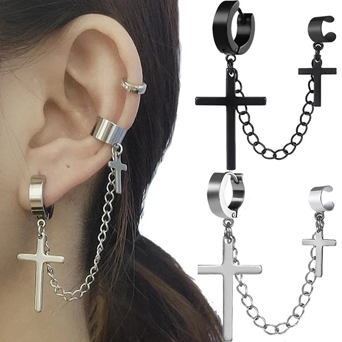 Punk Cross Tassel Earrings Women Integrated Clip Stud Earring Christian Gothic Hip Hop Jewelry Metal Chain Ear Ring Earring Men