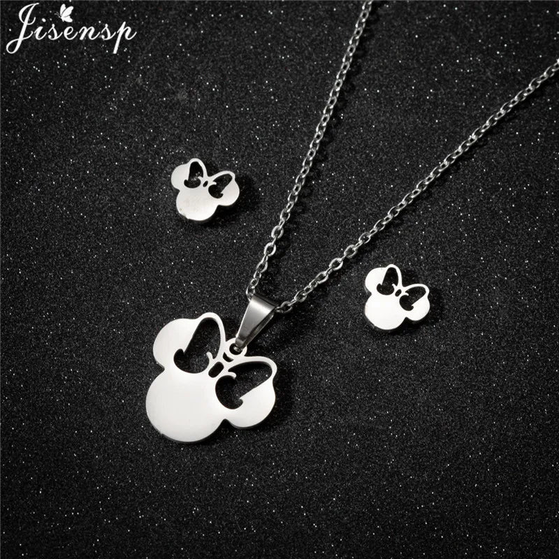 Cartoon Bowknot Mouse Stainless Steel Jewelry Set for Women Fashion Anime Animal Necklace Earrings Party Accessories