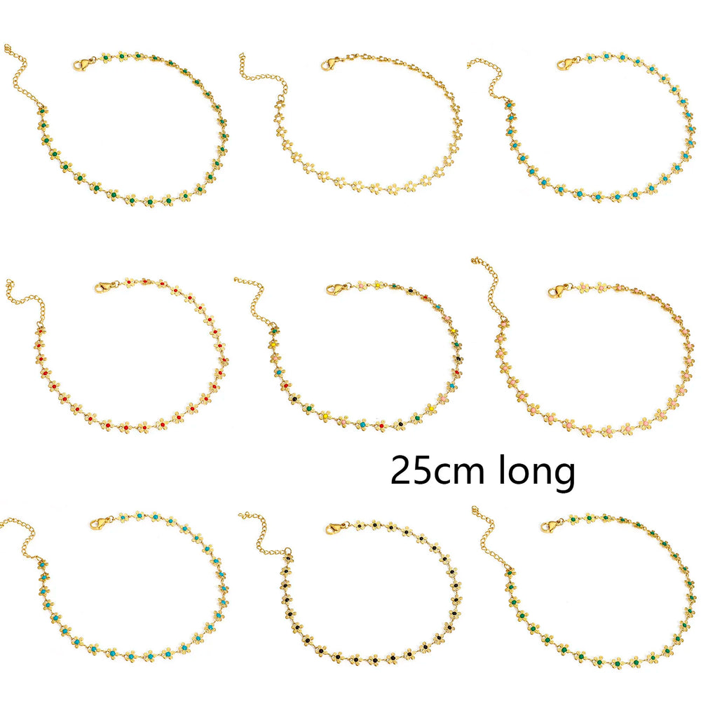 Colorful Enamel Flower Anklet For Women Stainless Steel Chain Anklet Bracelet Summer Beach Foot Leg Jewelry Gift 25cm