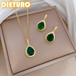 316L Stainless Steel Green Water Droplet Inlay Zircon Pendant Necklace Earrings Set Girl New Trend Jewelry Gift