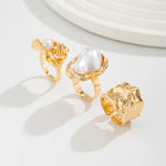 New 3Pcs/set Gold Color Irregular Pearl Open Rings Set for Women Exaggerated Vintage Metal Folds Thick Chunky Ring Jewelry Gifts