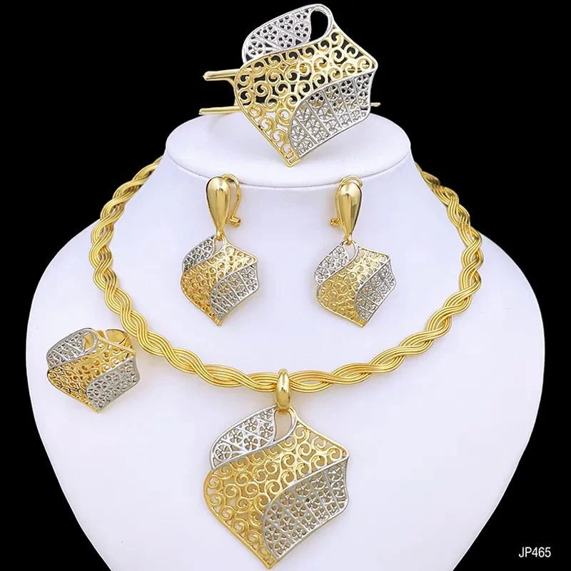  This complete jewelry set for women includes an elegant Italian design with 18K gold plating. The set consists of a necklace, earrings, bracelet, and pendant, making it perfect for parties and special occasions.