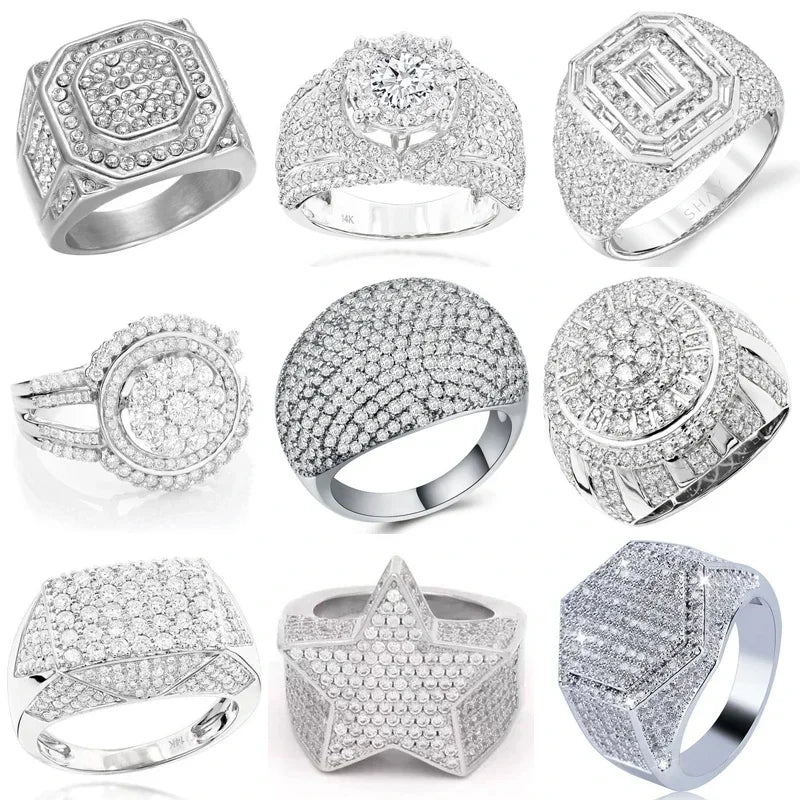 Hip Hop Style Trendy Men Rings Copper Ring Iced Out Bling Pave Cubic Zirconia Geometry Ring Charms