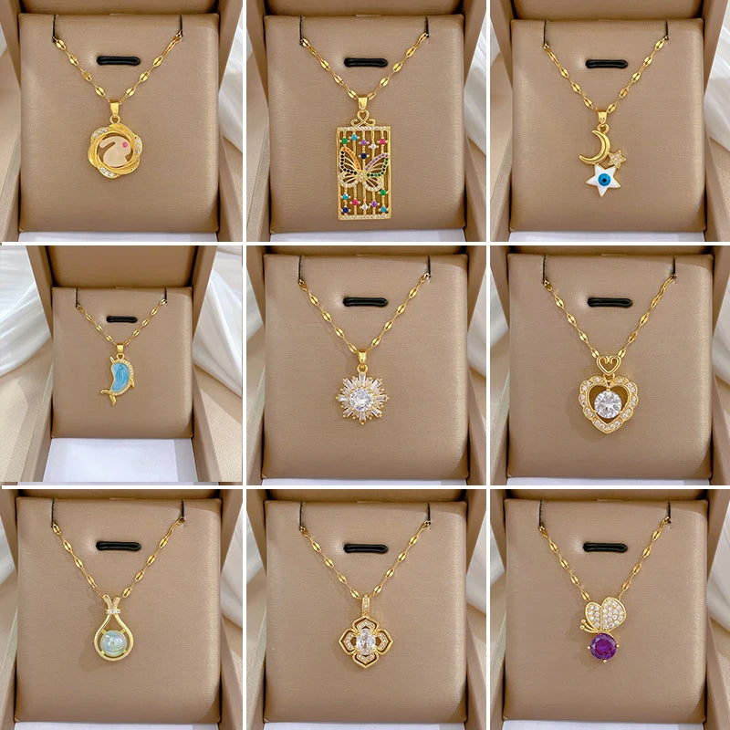 316L Stainless Steel Gold Color Multiple Styles Opal Rhinestone Animal Dolphin Rabbit Flower Butterfly Necklace For Women