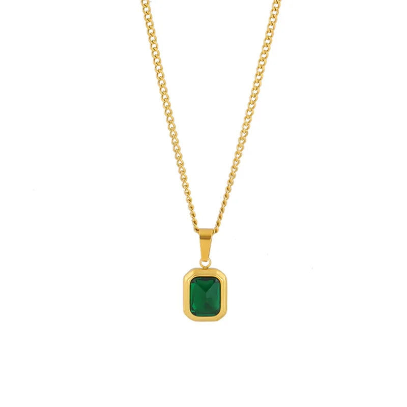 316L Stainless Steel Gold Plated Emerald Zirconia Geometric Square Pendant Necklace For Women Girls Temperament Jewelry