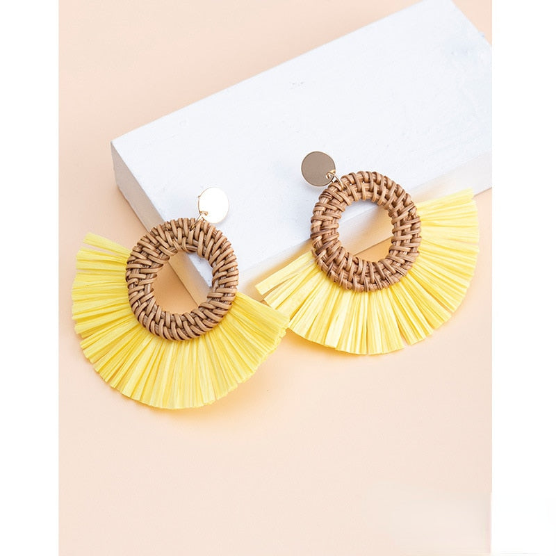 Rattan Raffia Tassel Pendant Earrings