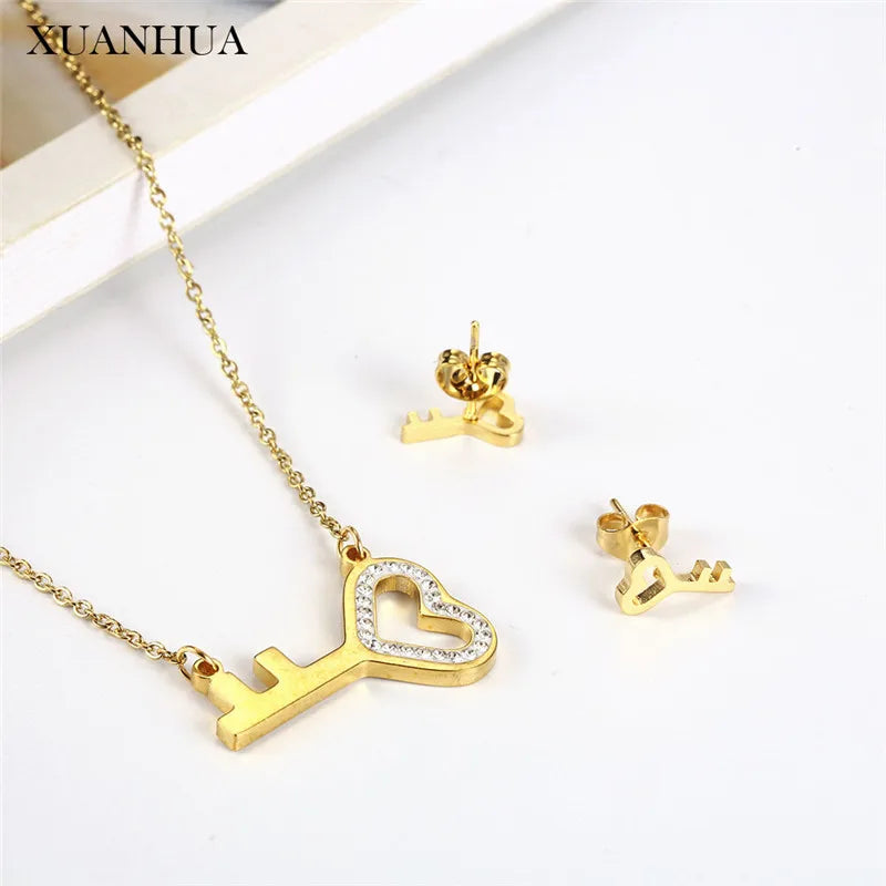 Heart Necklace Earrings Set Stainless Steel Jewelry Set Hert Lock Jewelry Sets Charm Simple Fashion Jewelry Gift chain