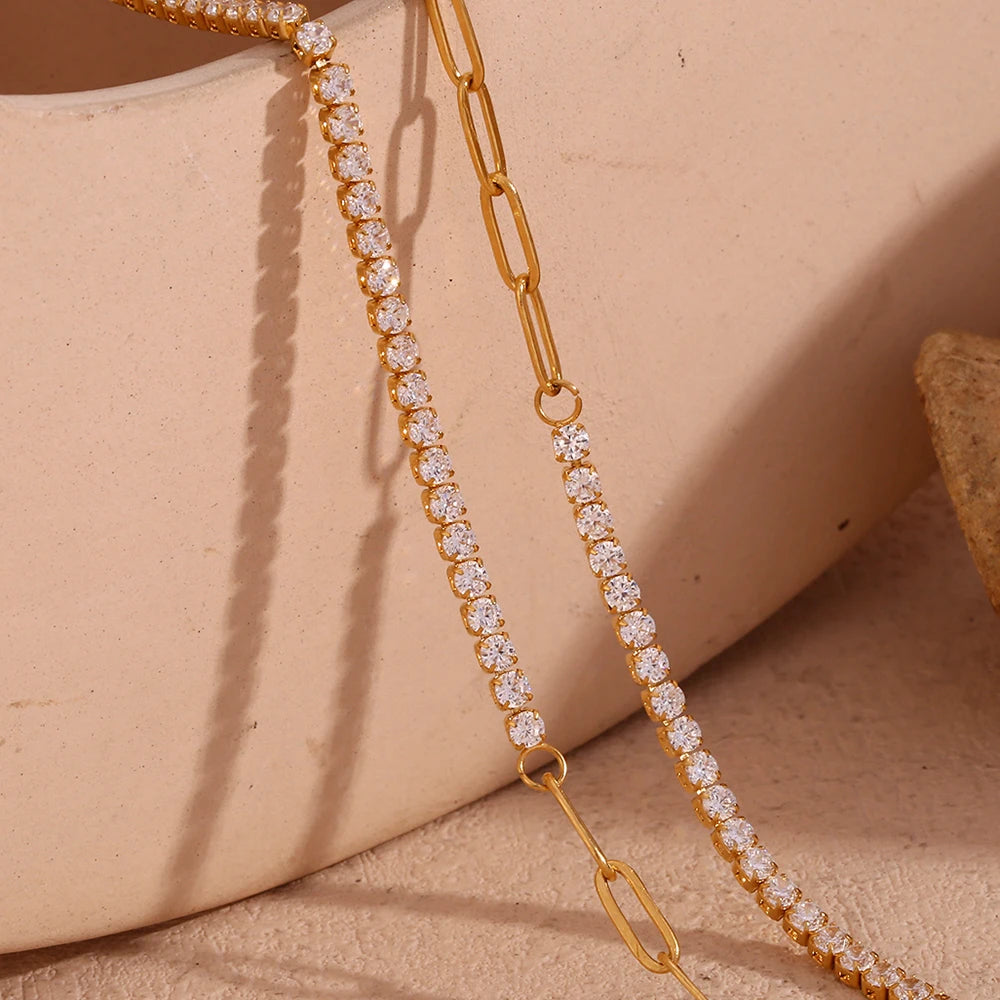 Zircon Chain Splicing Paper Clip Bracelet 18K Gold Plated Women's Earrings 316L Stainless Steel Accessories