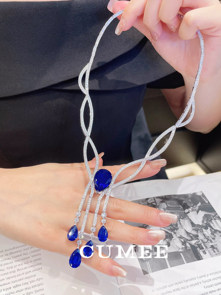 Cultivated Sapphire Necklace for Women Cubic Zirconia 925 Silver Gold-plated Necklace for Party Holidays Engagement