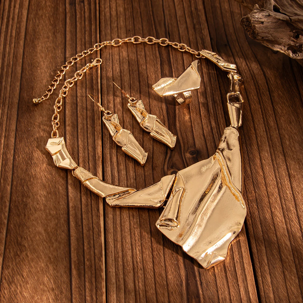 3Pcs/Set Creative Punk Irregular Chunky Necklace Drop Earrings Open Rings for Women Trendy 2025 Grunge Jewelry Set New