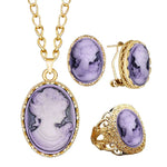 6 Colors Lady Queen Cameo Necklace Earring Ring Sets For Women Gold Color Pink Blue Gray Fashion Flower Cameo Jewelry Set