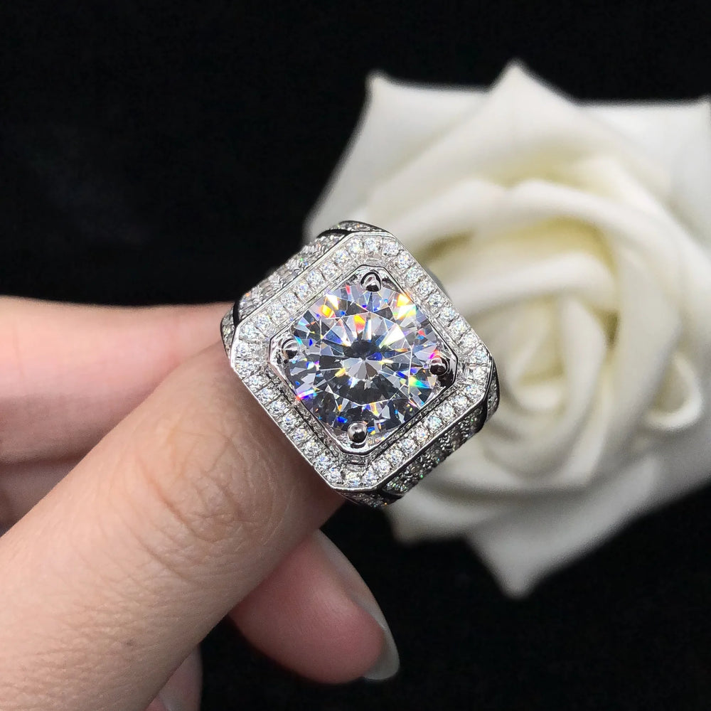 PT950 Platinum Four - Prong Men's Ring Inlaid with 5 - Carat High - Carbon Diamond - Fashionably Simple and Striking