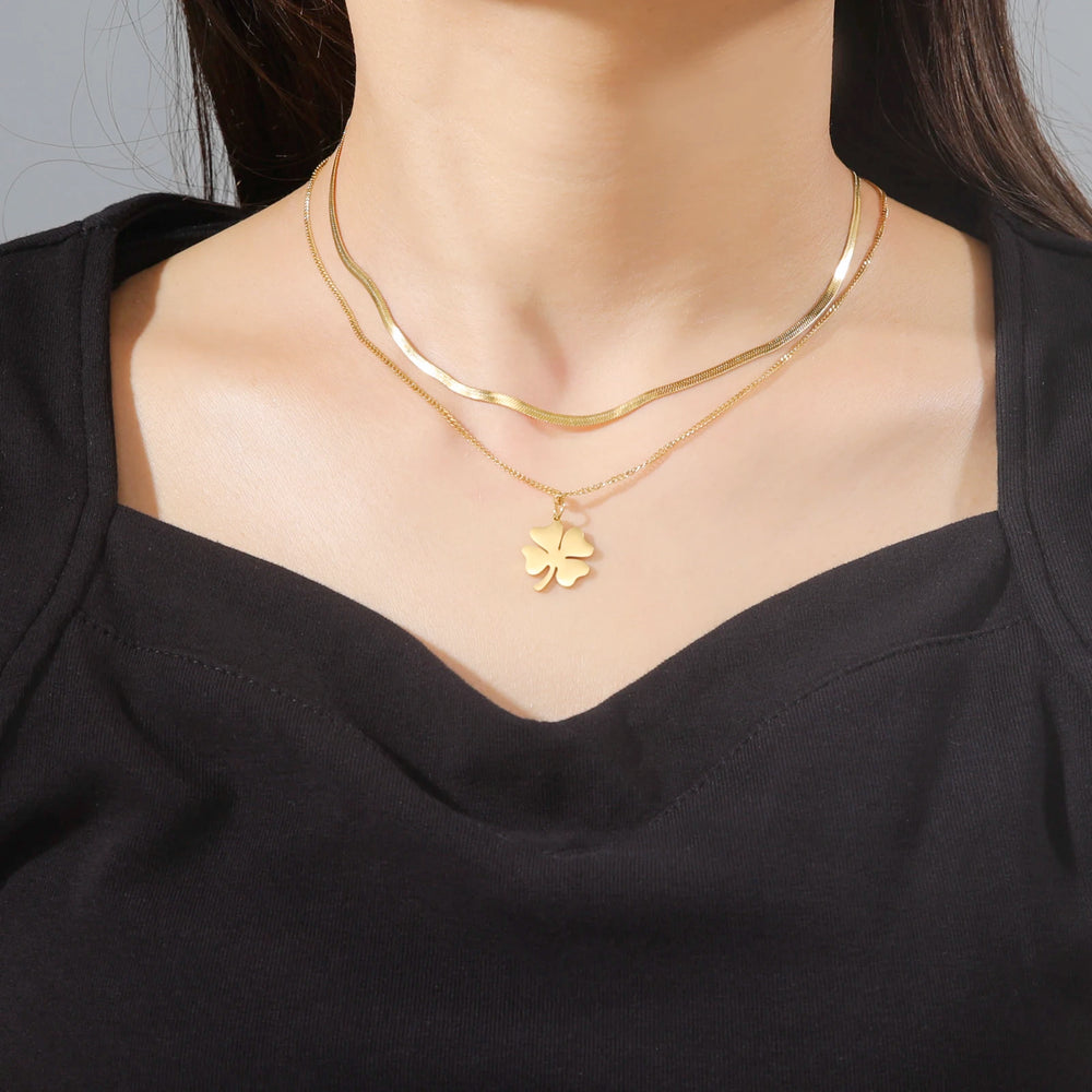 2025 Lucky Clover Pendant Necklace Stainless Steel Gold Color Double Layer Chain Necklaces for Women Girls Jewelry Gift