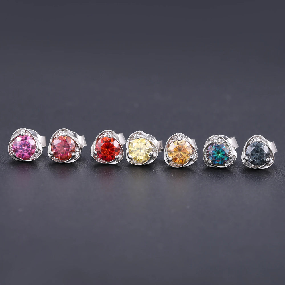 Round Cut Moissanite Stud Earrings 925 Sterling Silver Pink Moissanite Flower Earrings for Women Wedding