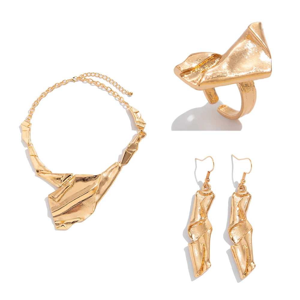 3Pcs/Set Creative Punk Irregular Chunky Necklace Drop Earrings Open Rings for Women Trendy 2025 Grunge Jewelry Set New