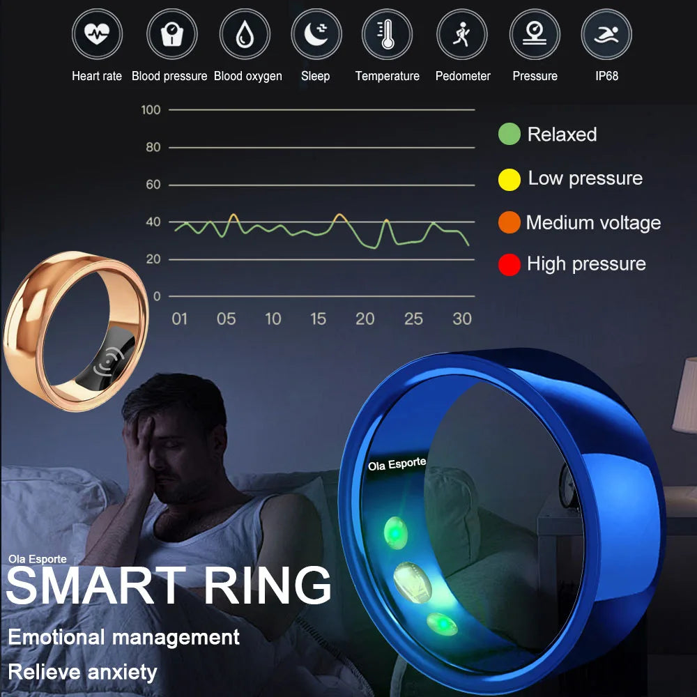 Enhance your fitness journey with the Smart Ring Activity Fitness Tracker, a stylish finger ring compatible with both IOS and Android devices. This innovative device not only monitors your heart rate, sleep patterns, blood oxygen levels, and blood pressure, but also makes for a perfect gift for women who value their health and well-being.