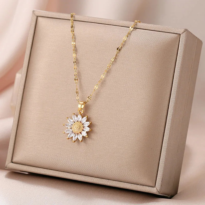 Titanium Steel Gold Plated chain Copper material Sunflower for Zircon Big Pendant Necklace for Women Jewelry Wedding Party Gift