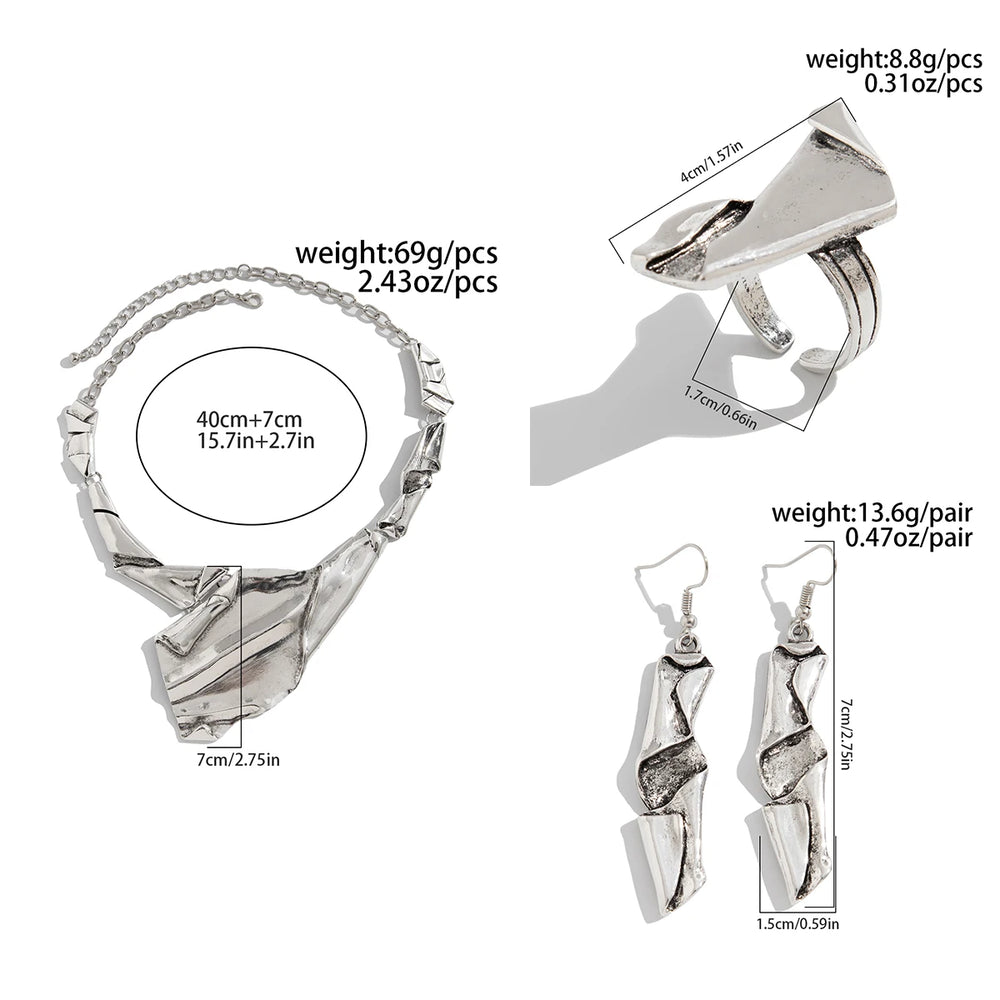 3Pcs/Set Creative Punk Irregular Chunky Necklace Drop Earrings Open Rings for Women Trendy 2025 Grunge Jewelry Set New