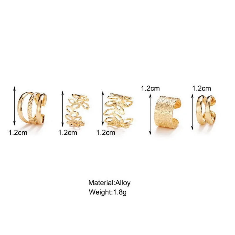 This set includes five pieces of vintage-style gold color leaf ear cuffs that do not require piercing, designed as fake cartilage clip earrings suitable for both women and men who appreciate creative and trendy jewelry pieces.