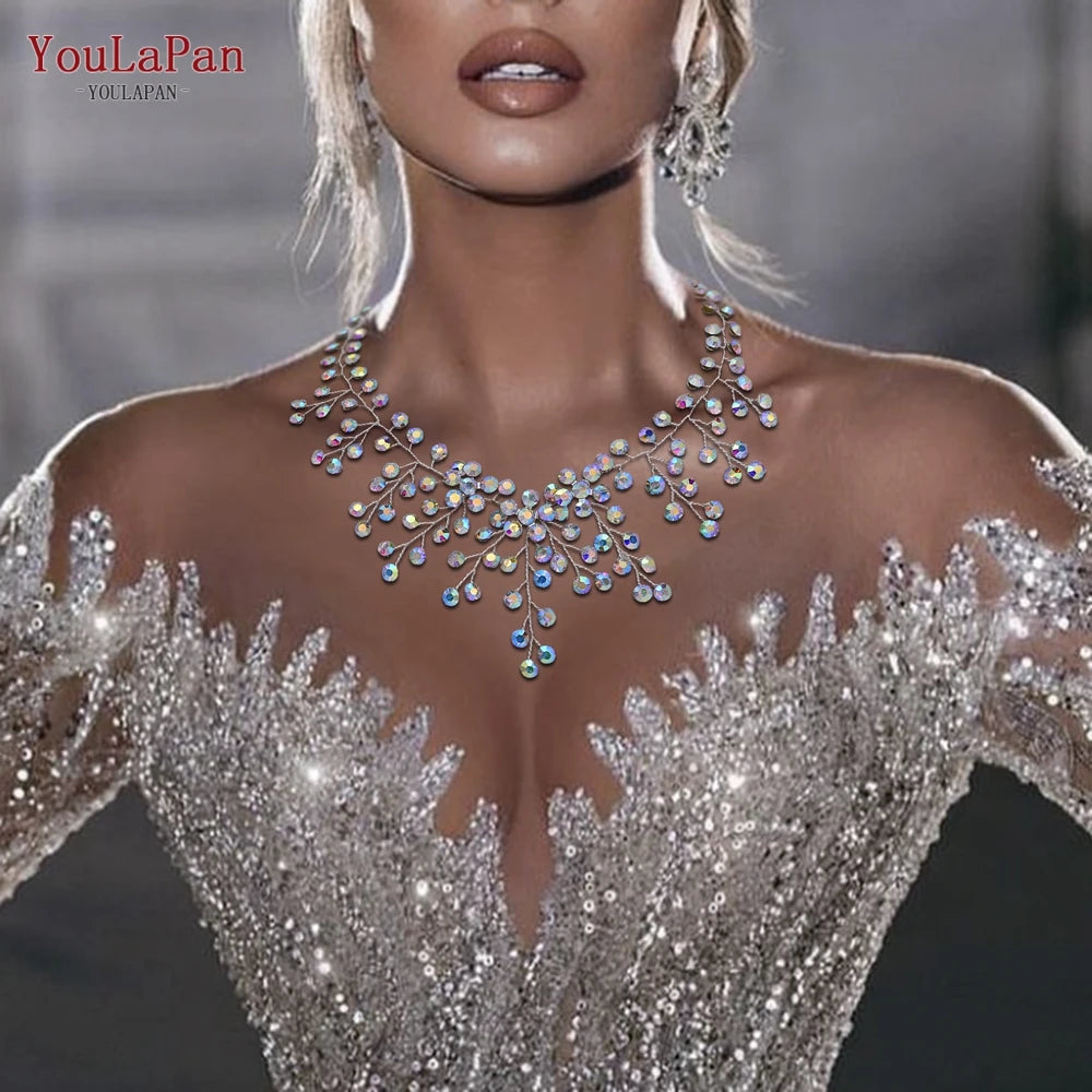 Elegant Crystal Woman Necklace Bridal Clavicle Chain Choker Wedding Party Diamante Brides Jewelry Anniversary Gift HN01