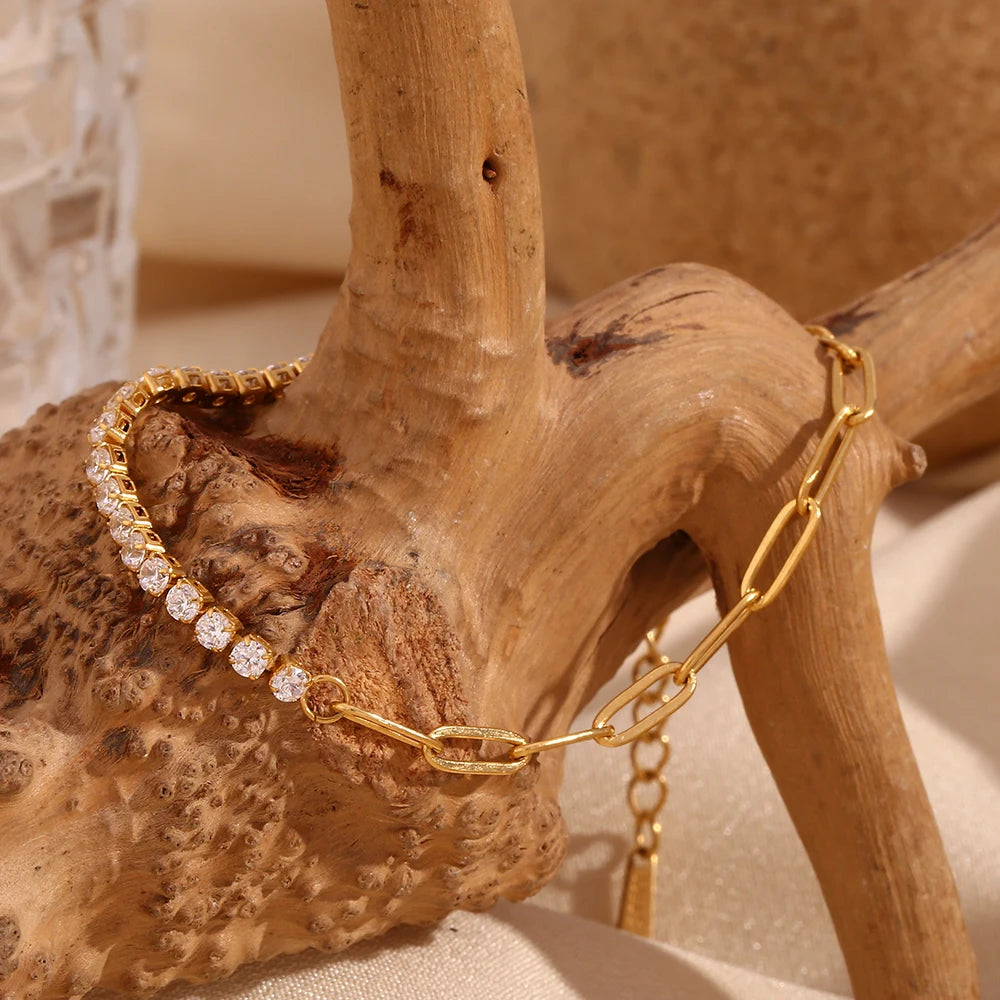 Zircon Chain Splicing Paper Clip Bracelet 18K Gold Plated Women's Earrings 316L Stainless Steel Accessories