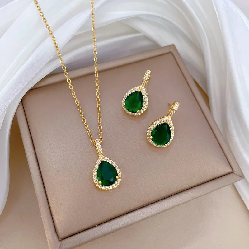 316L Stainless Steel Green Water Droplet Inlay Zircon Pendant Necklace Earrings Set Girl New Trend Jewelry Gift