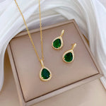 316L Stainless Steel Green Water Droplet Inlay Zircon Pendant Necklace Earrings Set Girl New Trend Jewelry Gift