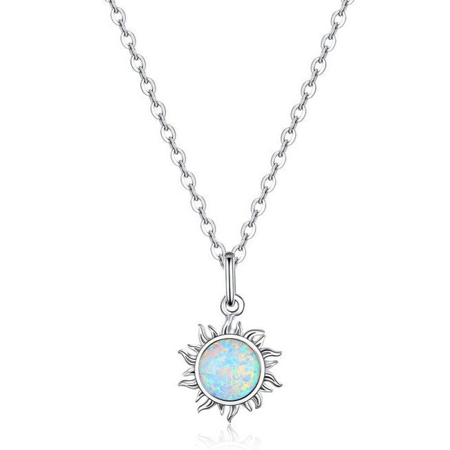 925 Sterling Silver White Opal Sun Pendant Necklace